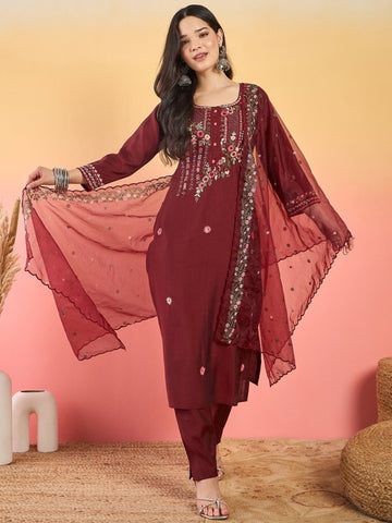 Varanga Kurta Set With Hand Embroidery Yoke, Paired With Trousers And Embroidered Dupatta.
