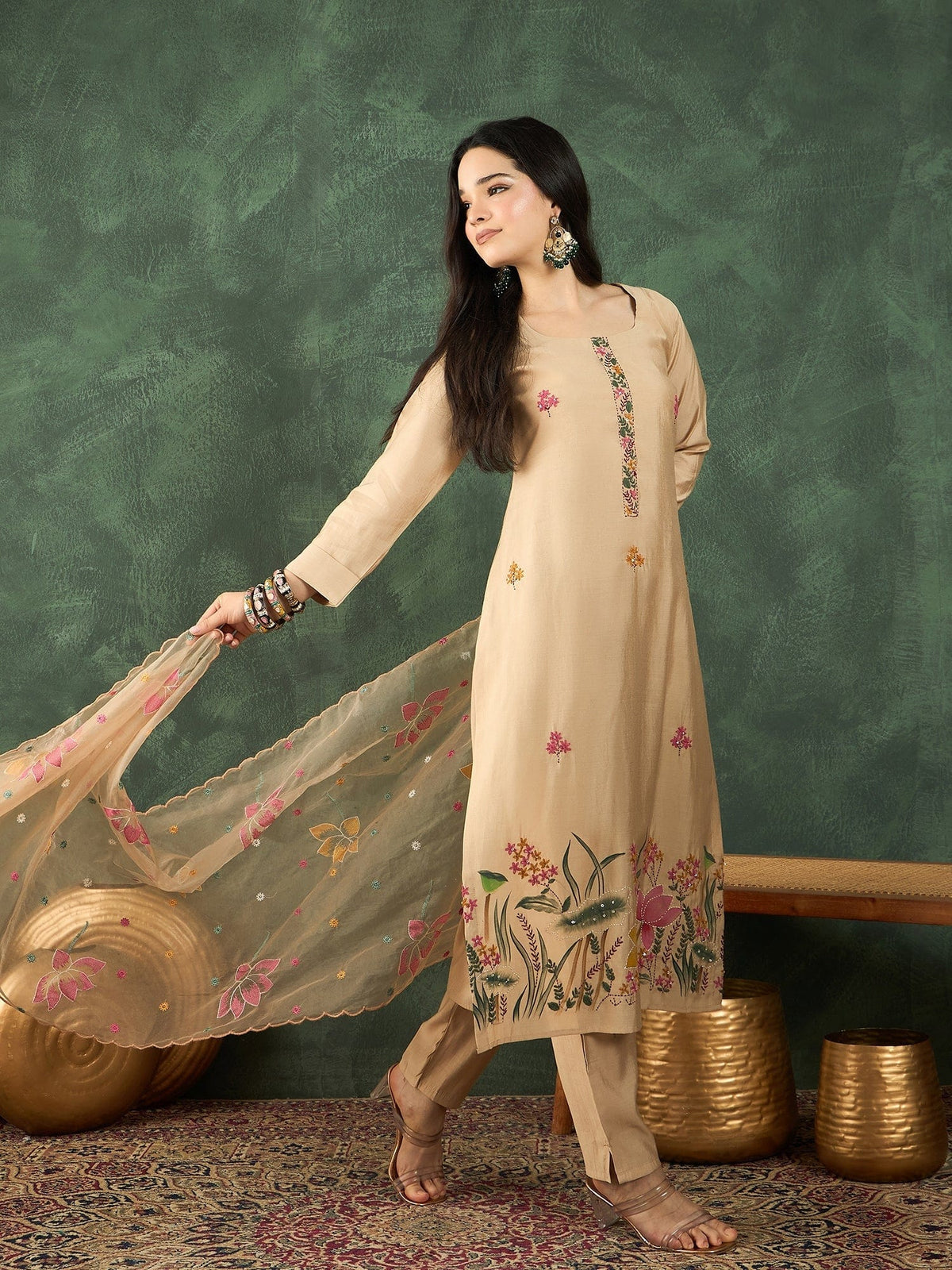Varanga Kurta Set With Hand Embroidery, Paired With Trousers And Thread-Embroidered Dupatta.