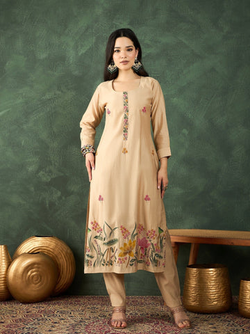 Varanga Kurta Set With Hand Embroidery, Paired With Trousers And Thread-Embroidered Dupatta.