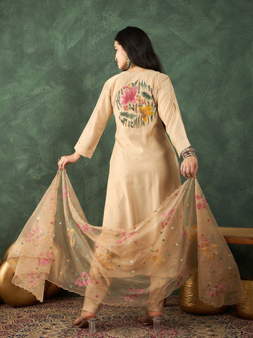 Varanga Kurta Set With Hand Embroidery, Paired With Trousers And Thread-Embroidered Dupatta.