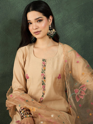 Varanga Kurta Set With Hand Embroidery, Paired With Trousers And Thread-Embroidered Dupatta.