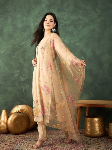 Varanga Kurta Set With Hand Embroidery, Paired With Trousers And Thread-Embroidered Dupatta.
