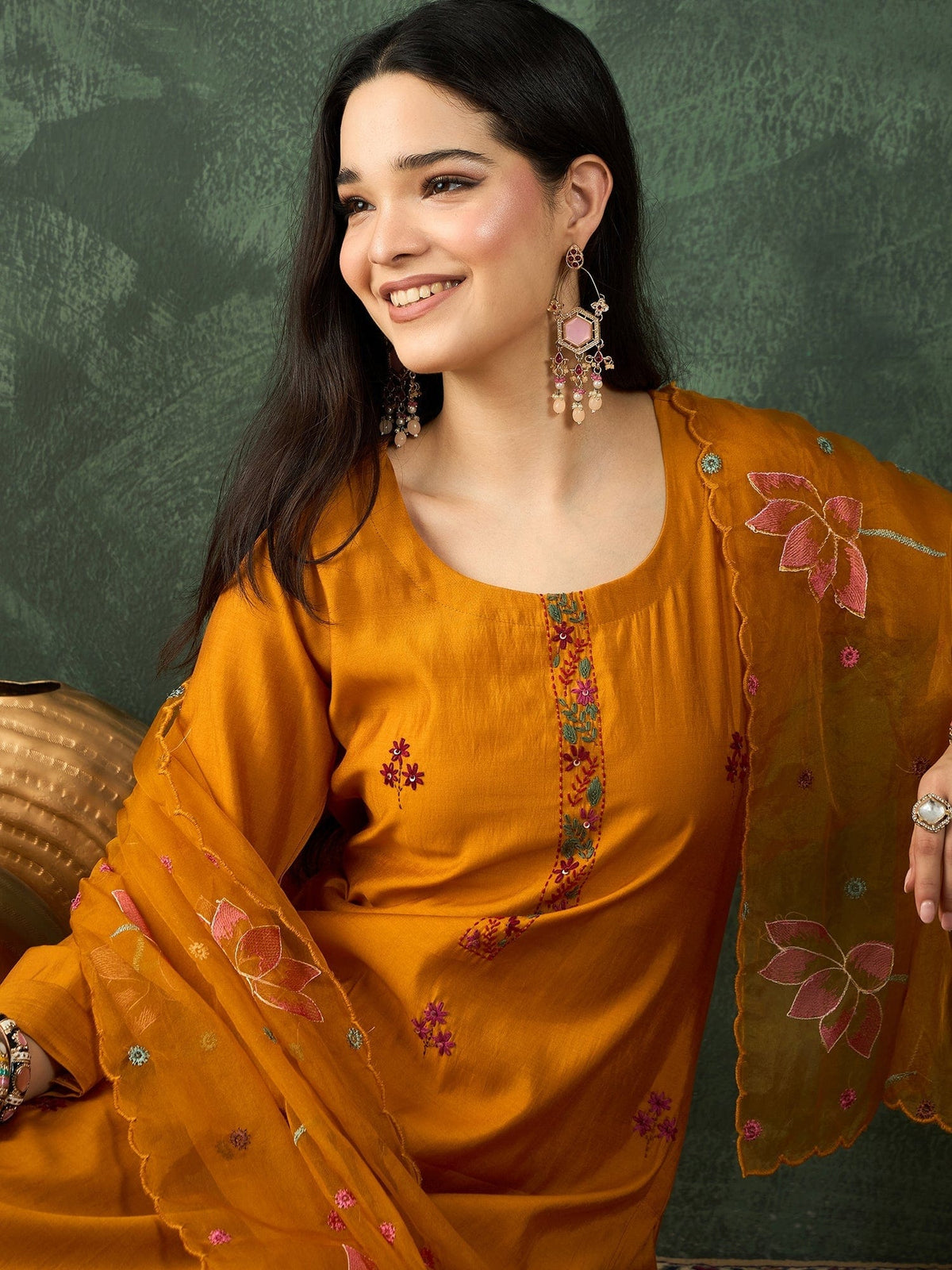 Varanga Kurta Set With Hand Embroidery, Paired With Trousers And Thread-Embroidered Dupatta.