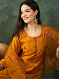 Varanga Kurta Set With Hand Embroidery, Paired With  Trousers And  Thread-Embroidered Dupatta.