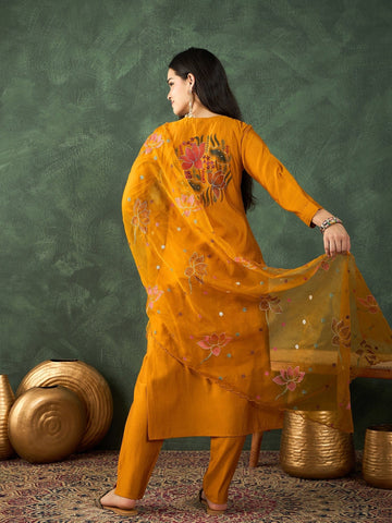 Varanga Kurta Set With Hand Embroidery, Paired With Trousers And Thread-Embroidered Dupatta.