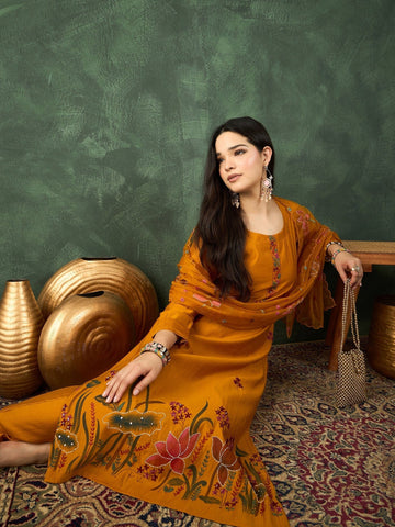 Varanga Kurta Set With Hand Embroidery, Paired With Trousers And Thread-Embroidered Dupatta.