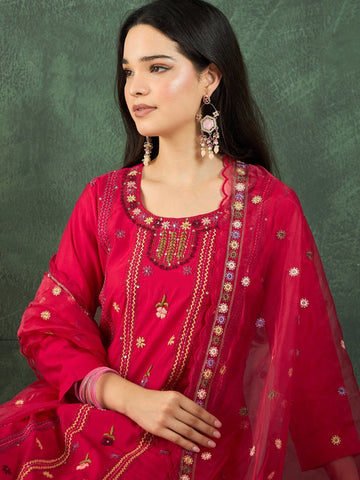 Varanga Kurta  With Hand Embroidery, Paired With  Trousers And  Thread-Embroidered Dupatta.