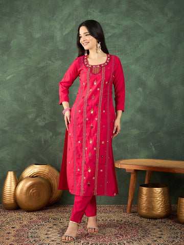 Varanga Kurta  With Hand Embroidery, Paired With  Trousers And  Thread-Embroidered Dupatta.