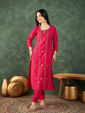 Varanga Kurta  With Hand Embroidery, Paired With  Trousers And  Thread-Embroidered Dupatta.