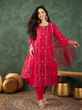 Varanga Kurta  With Hand Embroidery, Paired With  Trousers And  Thread-Embroidered Dupatta.
