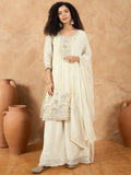 Varanga Women Thread Embroiderd Zari Yoke On The Kurta Paired With Solid Sharara And A Lace Detailing On Dupatta