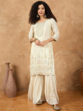 Varanga Women Thread Embroiderd Zari Yoke On The Kurta Paired With Solid Sharara And A Lace Detailing On Dupatta