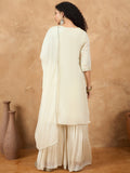 Varanga Women Thread Embroiderd Zari Yoke On The Kurta Paired With Solid Sharara And A Lace Detailing On Dupatta