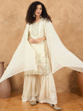 Varanga Women Thread Embroiderd Zari Yoke On The Kurta Paired With Solid Sharara And A Lace Detailing On Dupatta