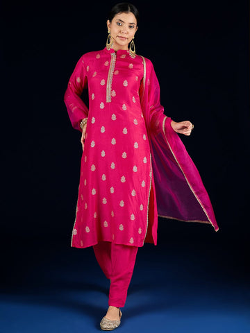 Varanga Fuchsia Chanderi Silk Straight-Fit Kurta With Lace Detailing, Paired With Solid Ankle-Length Trousers And Dupatta.