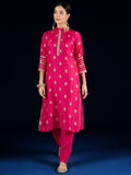 Varanga Fuchsia Chanderi Silk Straight-Fit Kurta With Lace Detailing, Paired With Solid Ankle-Length Trousers And Dupatta.