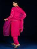 Varanga Fuchsia Chanderi Silk Straight-Fit Kurta With Lace Detailing, Paired With Solid Ankle-Length Trousers And Dupatta.