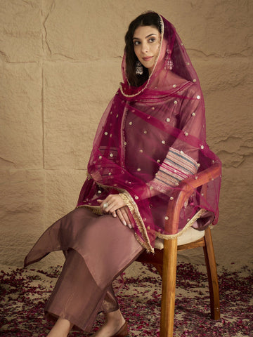 Varanga Women Graceful Rose Gold A-Line Kurta Set With Shimmer And Lace Detailing, Paired With Solid Trousers And A Net Sequin Dupatta Perfect For Festive Elegance.