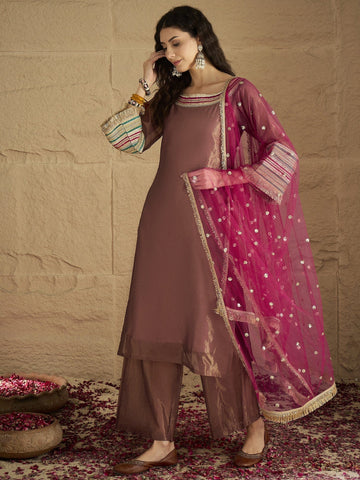 Varanga Women Graceful Rose Gold A-Line Kurta Set With Shimmer And Lace Detailing, Paired With Solid Trousers And A Net Sequin Dupatta Perfect For Festive Elegance.