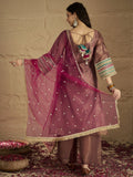 Varanga Women Graceful Rose Gold A-Line Kurta Set With Shimmer And Lace Detailing, Paired With Solid Trousers And A Net Sequin Dupatta â€” Perfect For Festive Elegance.