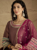 Varanga Women Graceful Rose Gold A-Line Kurta Set With Shimmer And Lace Detailing, Paired With Solid Trousers And A Net Sequin Dupatta â€” Perfect For Festive Elegance.