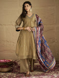 Varanga Women Radiate Festive Charm In This Gold Shimmer Kurta Set With Intricate Lace Detailing, Solid Ankle-Length Trousers, And  Printed Dupatta.