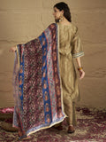 Varanga Women Radiate Festive Charm In This Gold Shimmer Kurta Set With Intricate Lace Detailing, Solid Ankle-Length Trousers, And  Printed Dupatta.