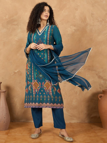 varanga Women A Vibrant 3-Piece Blue Ikat-Printed Kurta Set With Solid Trousers And A Lace-Trimmed Dupatta (Perfect For Festive Occasions, Styled Best With Jhumkas, Juttis, And Soft Glam Makeup.)