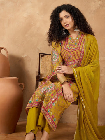 varanga Women A Mustard Ethnic-Printed Kurta Set With Bead And Stone Detailing, Paired With Solid Trousers And A Dupattaâ€”Perfect For Festive Celebrations With A Touch Of Contemporary Charm.