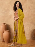 varanga Women A Mustard Ethnic-Printed Kurta Set With Bead And Stone Detailing, Paired With Solid Trousers And A Dupattaâ€”Perfect For Festive Celebrations With A Touch Of Contemporary Charm.