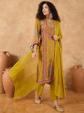 varanga Women A Mustard Ethnic-Printed Kurta Set With Bead And Stone Detailing, Paired With Solid Trousers And A Dupattaâ€”Perfect For Festive Celebrations With A Touch Of Contemporary Charm.