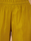 varanga Women A Mustard Ethnic-Printed Kurta Set With Bead And Stone Detailing, Paired With Solid Trousers And A Dupattaâ€”Perfect For Festive Celebrations With A Touch Of Contemporary Charm.