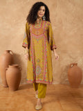 varanga Women A Mustard Ethnic-Printed Kurta Set With Bead And Stone Detailing, Paired With Solid Trousers And A Dupattaâ€”Perfect For Festive Celebrations With A Touch Of Contemporary Charm.