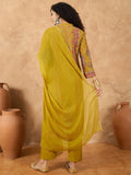 varanga Women A Mustard Ethnic-Printed Kurta Set With Bead And Stone Detailing, Paired With Solid Trousers And A Dupattaâ€”Perfect For Festive Celebrations With A Touch Of Contemporary Charm.
