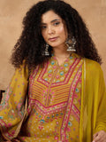 varanga Women A Mustard Ethnic-Printed Kurta Set With Bead And Stone Detailing, Paired With Solid Trousers And A Dupattaâ€”Perfect For Festive Celebrations With A Touch Of Contemporary Charm.