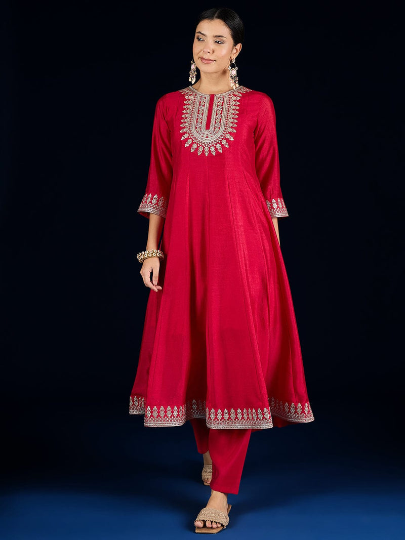 Varanga Gracefully Crafted In Rich Vichitra Fabric With Zari Embroidery, This Elegant 3-Piece Anarkali Set Blends Festive Charm With Timeless Style.