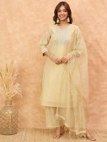 varanga Women Shimmer Fabric Kurta Set Featuring An Zari Embroidered Yoke , Paired With Tonal Bottom With Sparkling Lurex Dupatta.