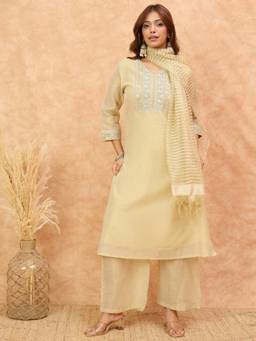 varanga Women Shimmer Fabric Kurta Set Featuring An Zari Embroidered Yoke , Paired With Tonal Bottom With Sparkling Lurex Dupatta.