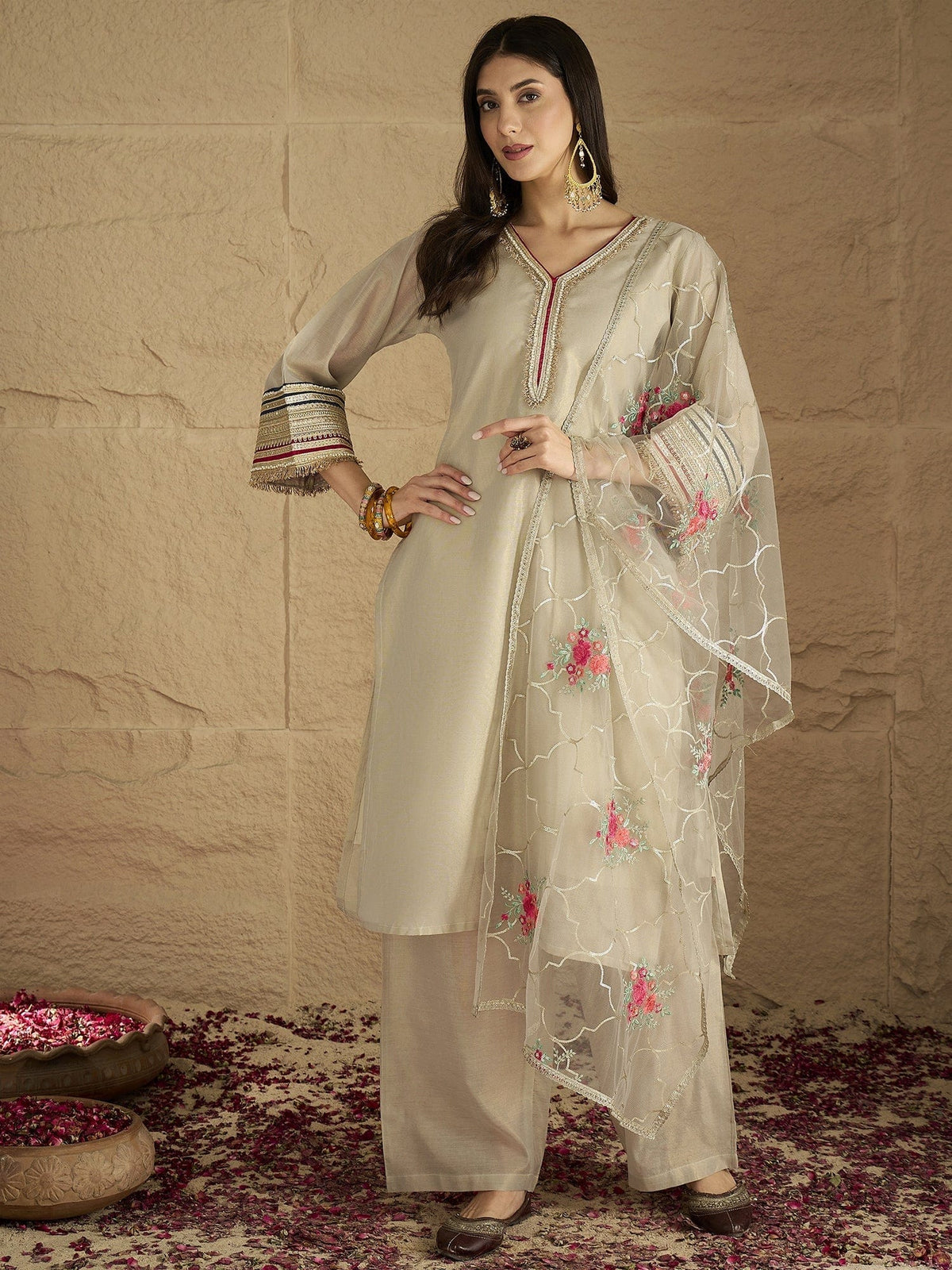 Varanga Women Elegant Three-Piece Set Featuring A Shimmer-Detailed Grey Kurta, Solid Ankle-Length Trousers, And An Embroidered Net Dupatta Perfect For Festive Occasions.
