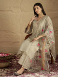 Varanga Women Elegant Three-Piece Set Featuring A Shimmer-Detailed Grey Kurta, Solid Ankle-Length Trousers, And An Embroidered Net Dupattaâ€”Perfect For Festive Occasions.