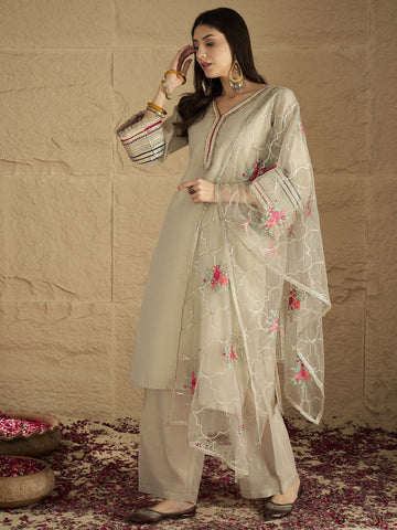 Varanga Women Elegant Three-Piece Set Featuring A Shimmer-Detailed Grey Kurta, Solid Ankle-Length Trousers, And An Embroidered Net Dupatta Perfect For Festive Occasions.