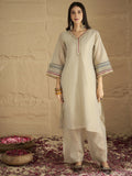 Varanga Women Elegant Three-Piece Set Featuring A Shimmer-Detailed Grey Kurta, Solid Ankle-Length Trousers, And An Embroidered Net Dupattaâ€”Perfect For Festive Occasions.