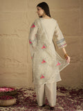 Varanga Women Elegant Three-Piece Set Featuring A Shimmer-Detailed Grey Kurta, Solid Ankle-Length Trousers, And An Embroidered Net Dupattaâ€”Perfect For Festive Occasions.