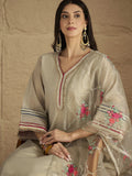 Varanga Women Elegant Three-Piece Set Featuring A Shimmer-Detailed Grey Kurta, Solid Ankle-Length Trousers, And An Embroidered Net Dupattaâ€”Perfect For Festive Occasions.