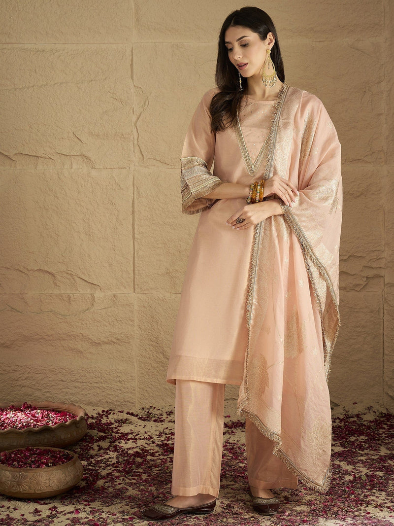 Varanga Women Elegant Three-Piece Set Featuring A Shimmer-Detailed Grey Kurta, Solid Ankle-Length Trousers, And An Embroidered Net Dupatta Perfect For Festive Occasions.