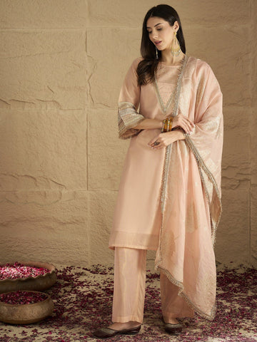 Varanga Women Elegant Three-Piece Set Featuring A Shimmer-Detailed Grey Kurta, Solid Ankle-Length Trousers, And An Embroidered Net Dupattaâ€”Perfect For Festive Occasions.