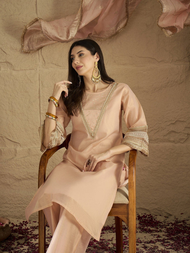 Varanga Women Elegant Three-Piece Set Featuring A Shimmer-Detailed Grey Kurta, Solid Ankle-Length Trousers, And An Embroidered Net Dupatta Perfect For Festive Occasions.