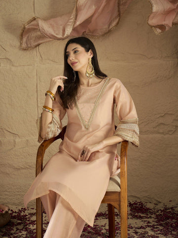 Varanga Women Elegant Three-Piece Set Featuring A Shimmer-Detailed Grey Kurta, Solid Ankle-Length Trousers, And An Embroidered Net Dupattaâ€”Perfect For Festive Occasions.