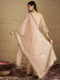 Varanga Women Elegant Three-Piece Set Featuring A Shimmer-Detailed Grey Kurta, Solid Ankle-Length Trousers, And An Embroidered Net Dupattaâ€”Perfect For Festive Occasions.