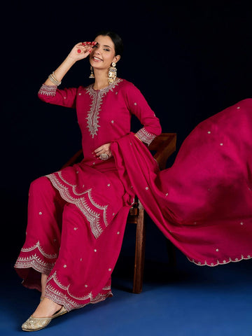 Varanga Fuchsia Straight-Fit Kurta With Zari Embroidery And Scallop Detailing, Paired With Sharara And Dupatta.